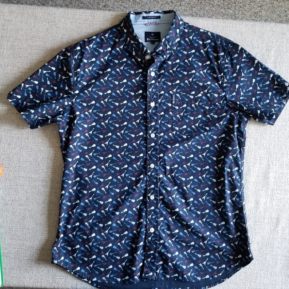 Ben Sherman Navy Guitar Print Button Down Shirt
